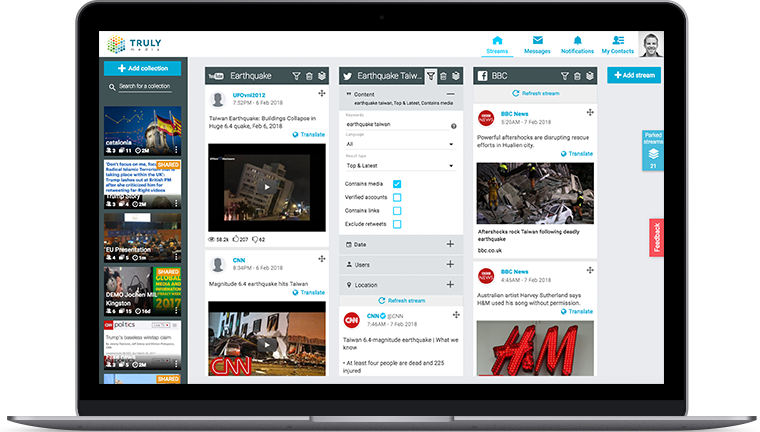 Mock screenshot of the verification platform showing multi-source social media monitoring streams for breaking-news content analysis.